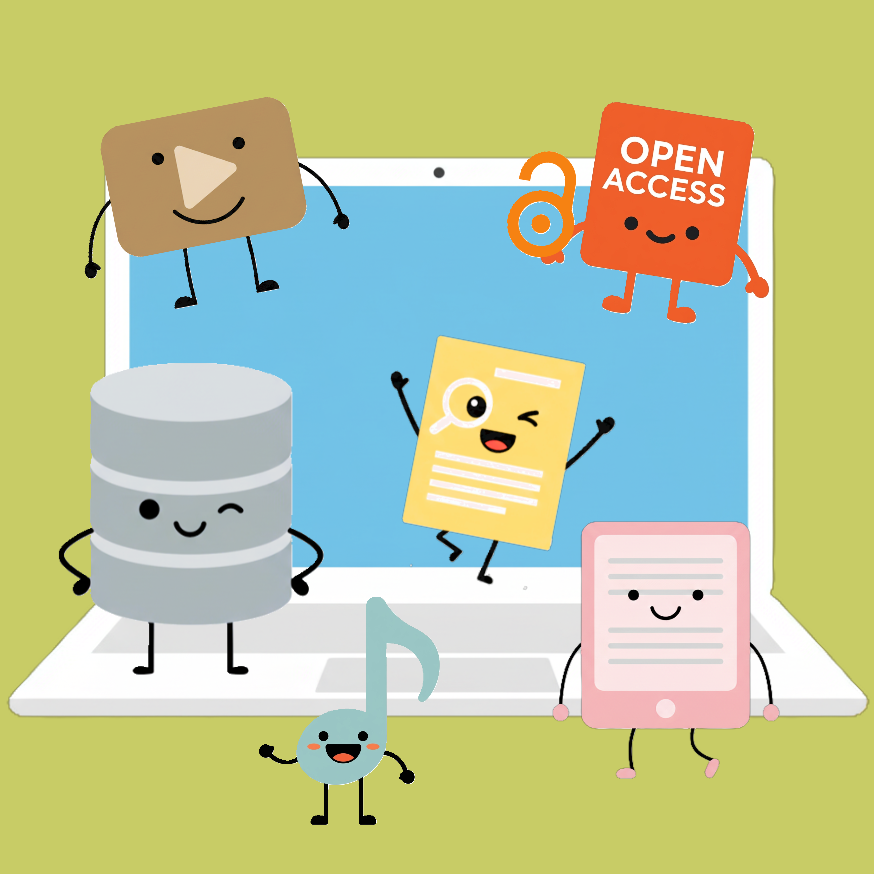 An illustration of six e-resource characters with a white open laptop in the background